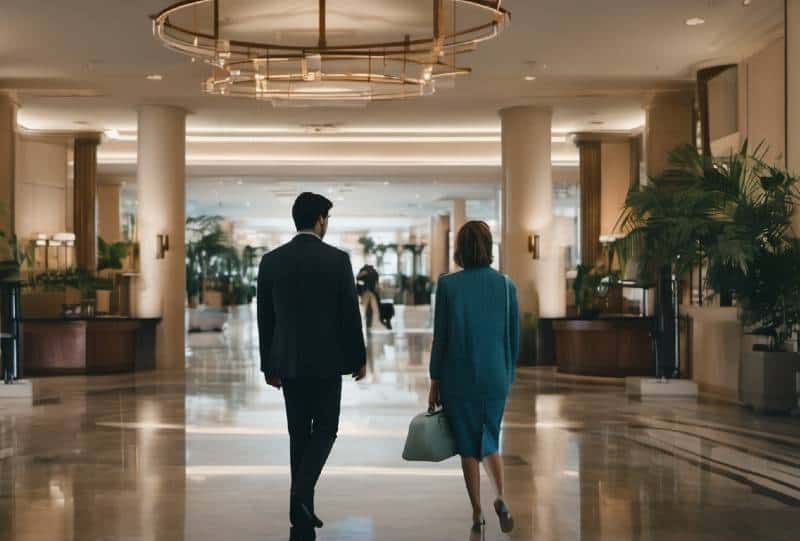 Couple walking through hotel lobby
